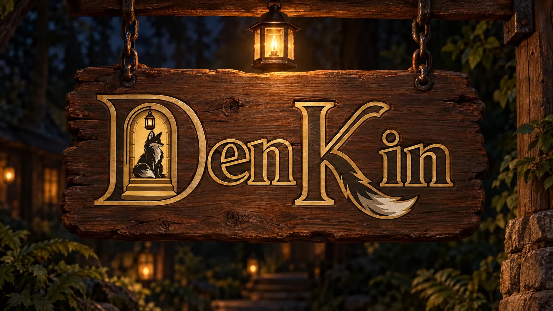 The DenKin den sign, hanging from a beam under a lit lantern in a twilight forest